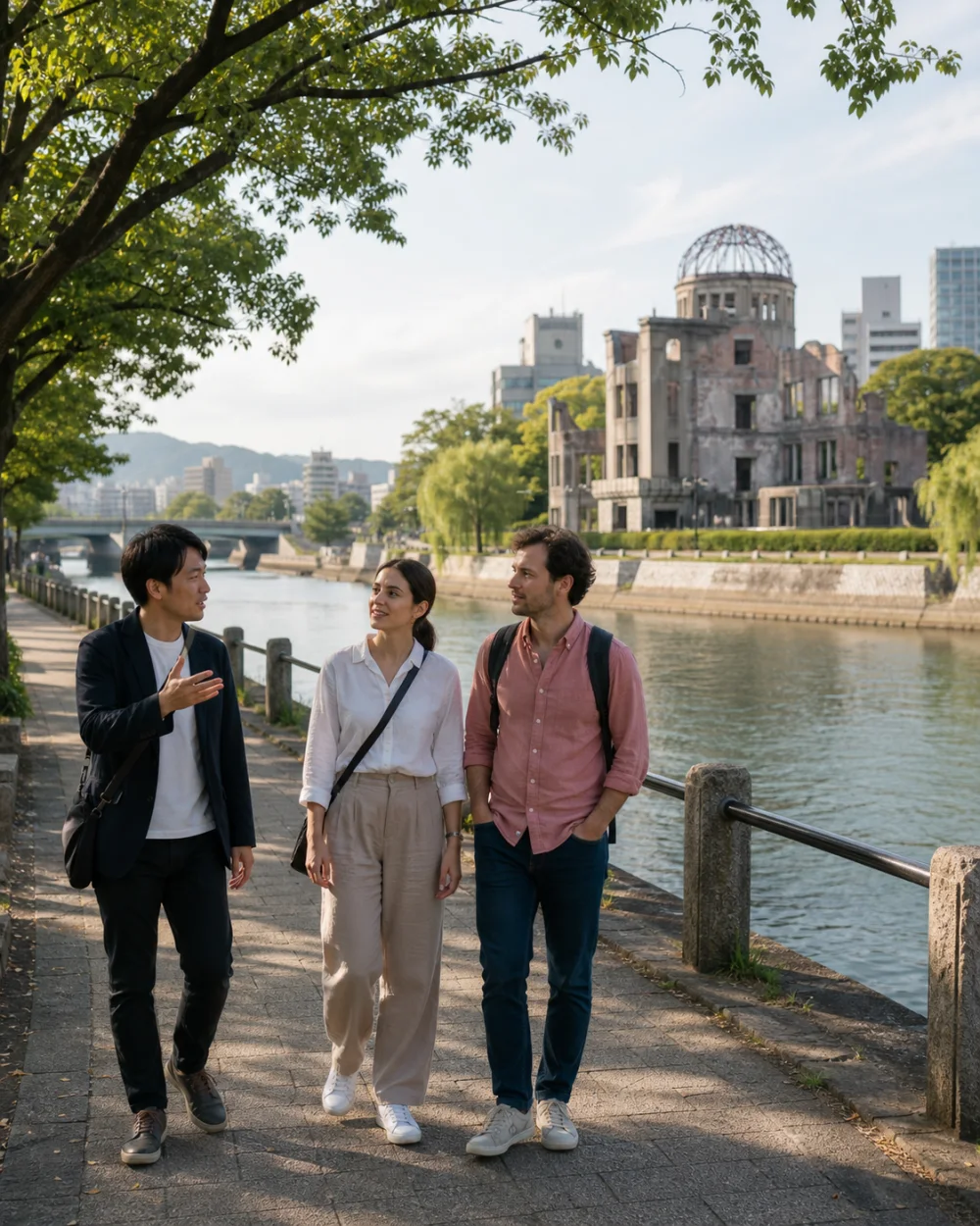 A Hiroshima local guide sharing the city with two travelers beside the river